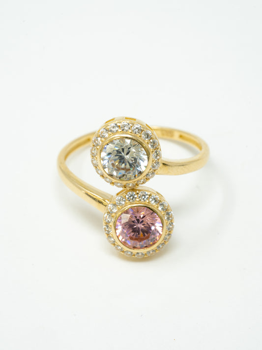 Round lady's ring, double Pink and white stone