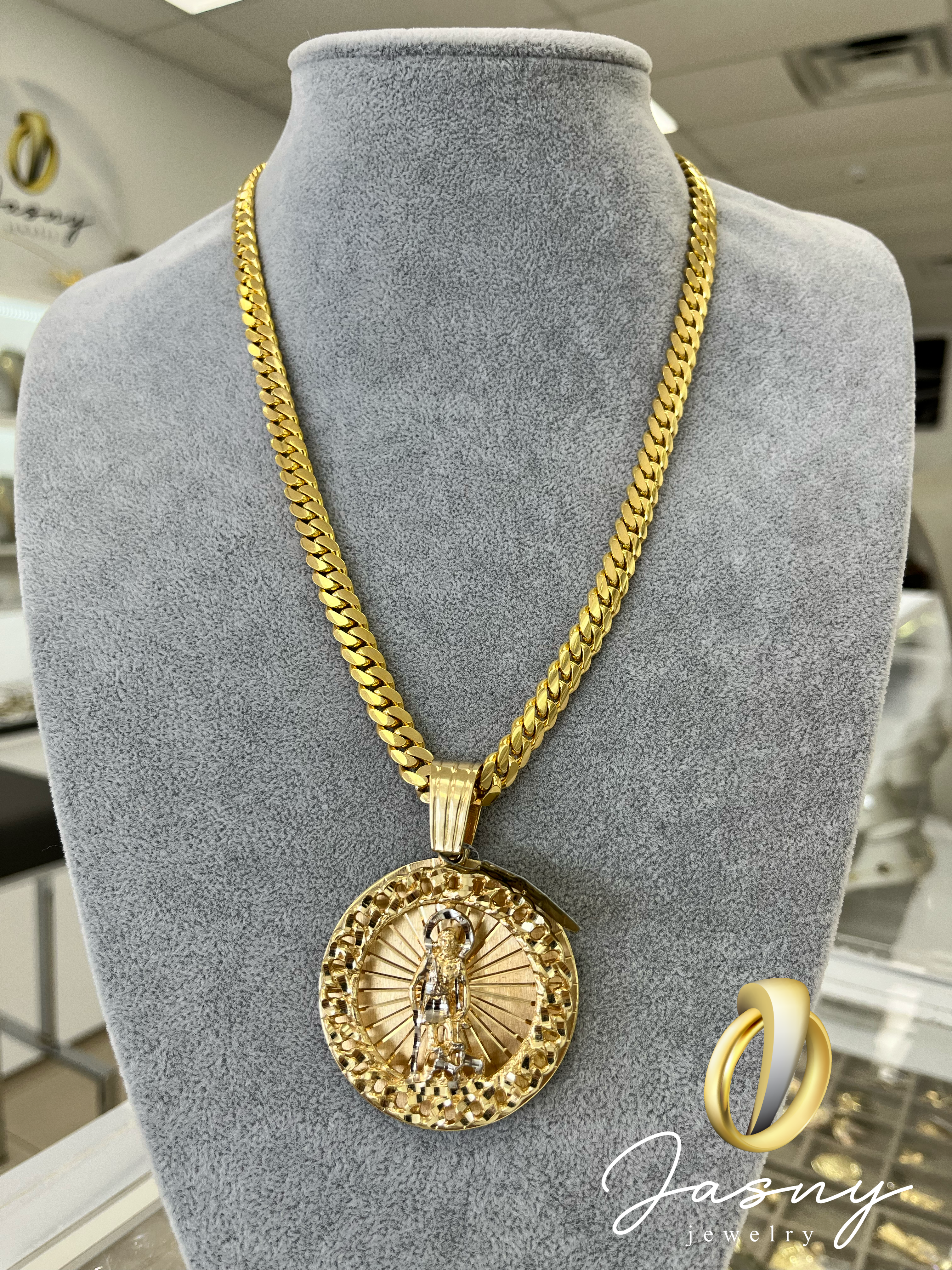 SOLID GOLD CUBAN LINK CHAIN 10k SAINT LAZARO PENDANT 14k GOLD