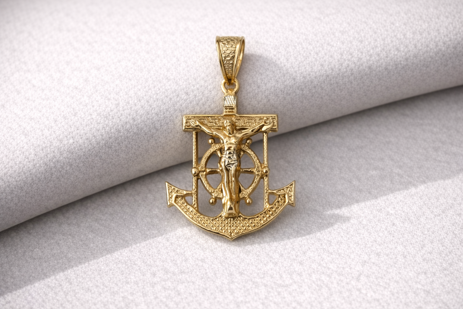 10K Gold Anchor Pendant with Jesus Figure