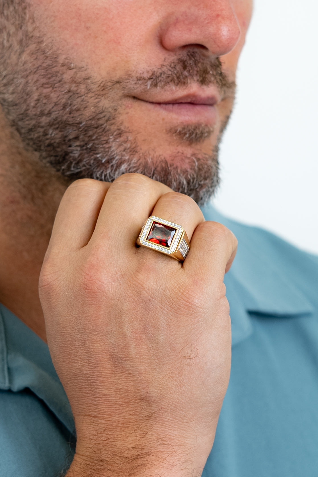 HOT Diamond Ring Mens Red Stone Ring MEN'S RING - Main Image