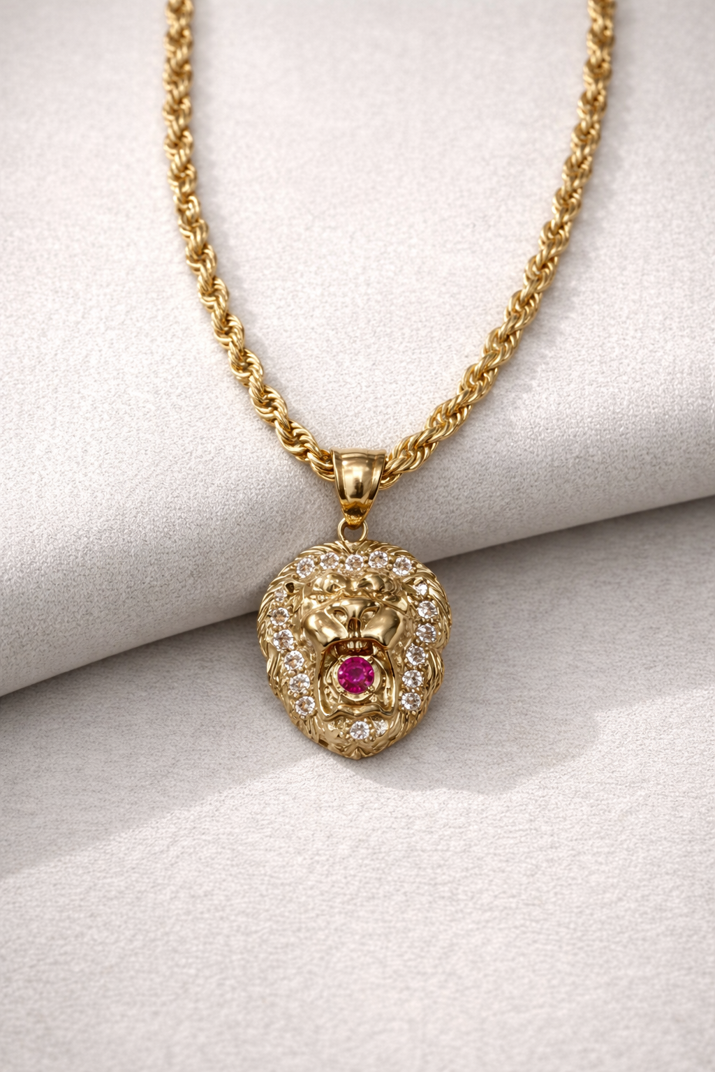 10K Gold Hollow Rope Chain Set with Lion Pendant