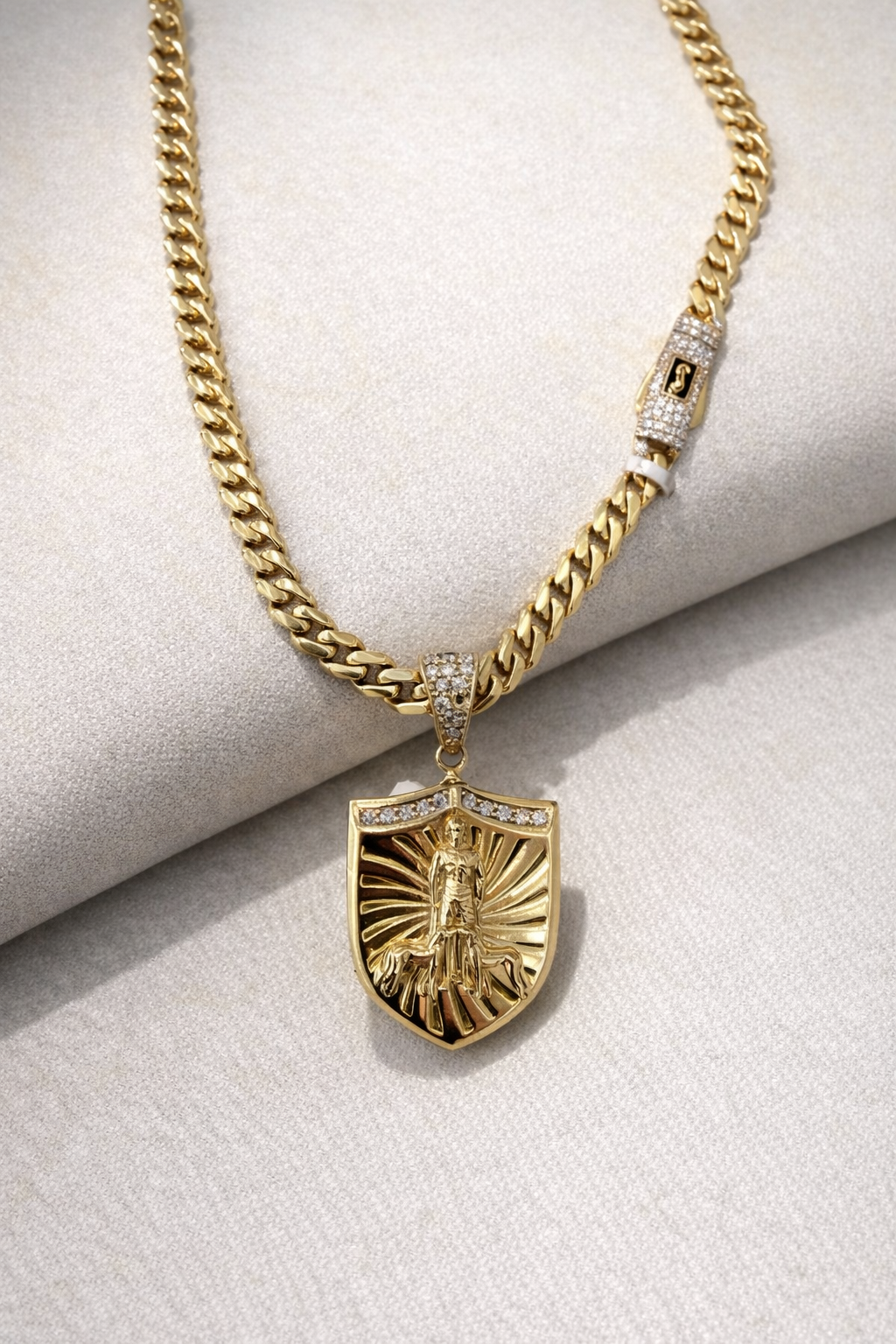 10K Gold Hollow Monaco Chain Set with Saint Lazarus Pendant