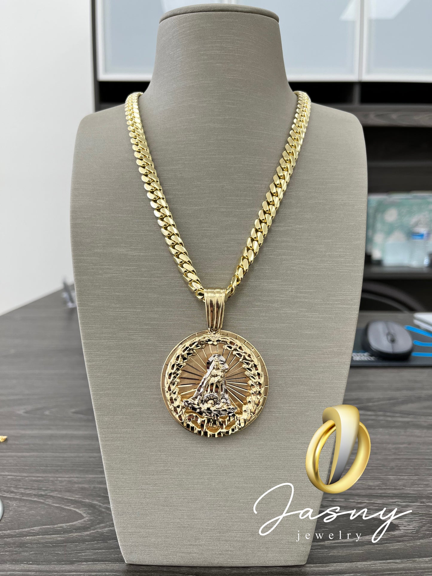 🇮🇹💎 CADENA CUBAN LINK SÓLIDA Y VIRGEN 3D ORO 10K