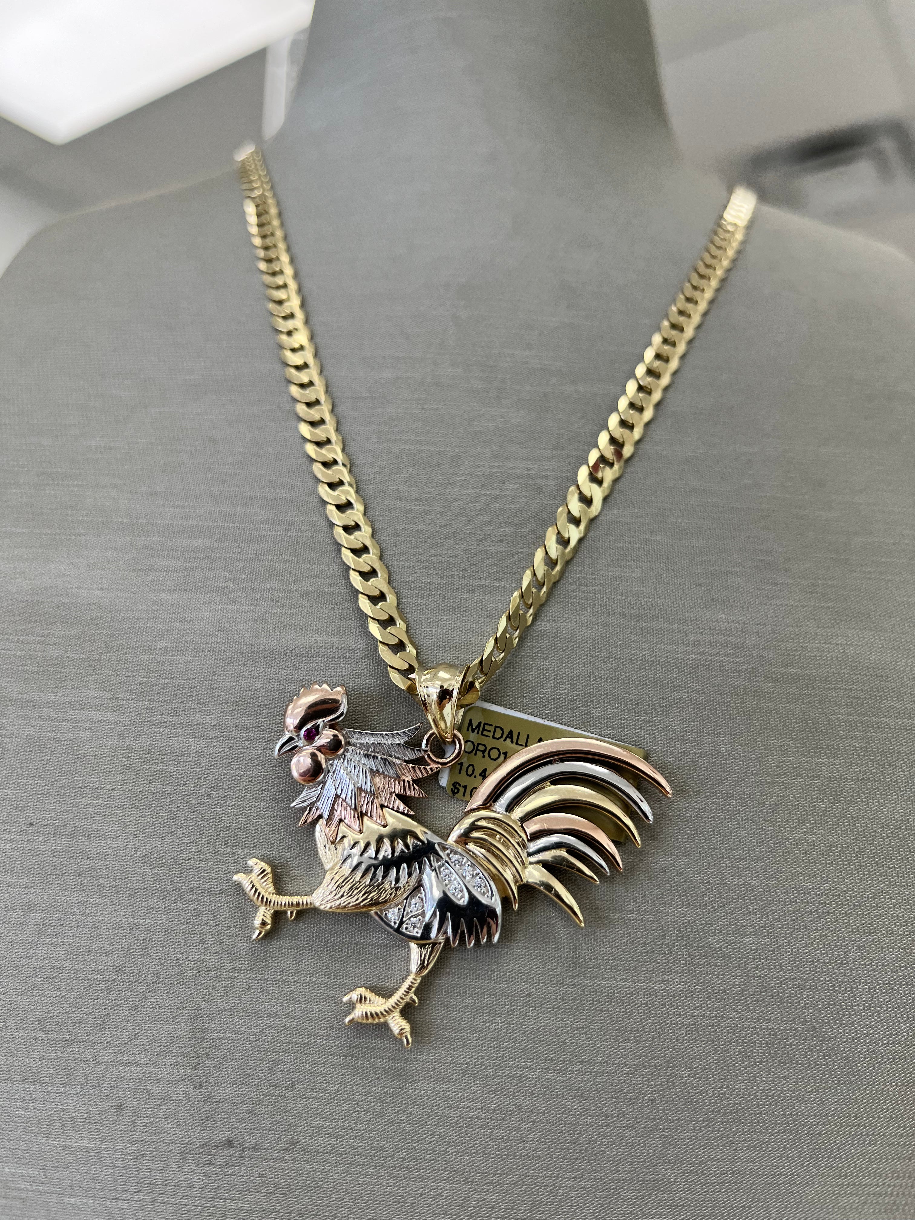 🐓 CADENA CORTE ESPEJO + DIJE GALLO ORO 14K