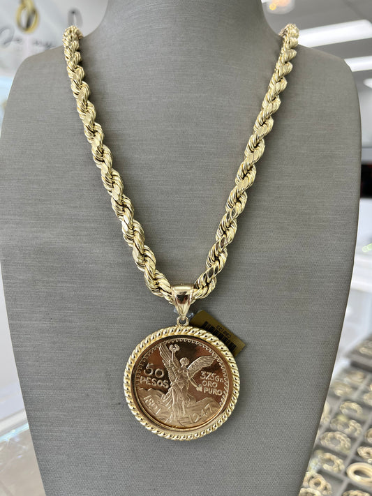 SET CADENA SEMI-SÓLIDA SOGA + MEDALLA CENTENARIO ORO 14K / ROPE CHAIN HALLOW + 14K GOLD CENTENARY MEDAL SET 14K