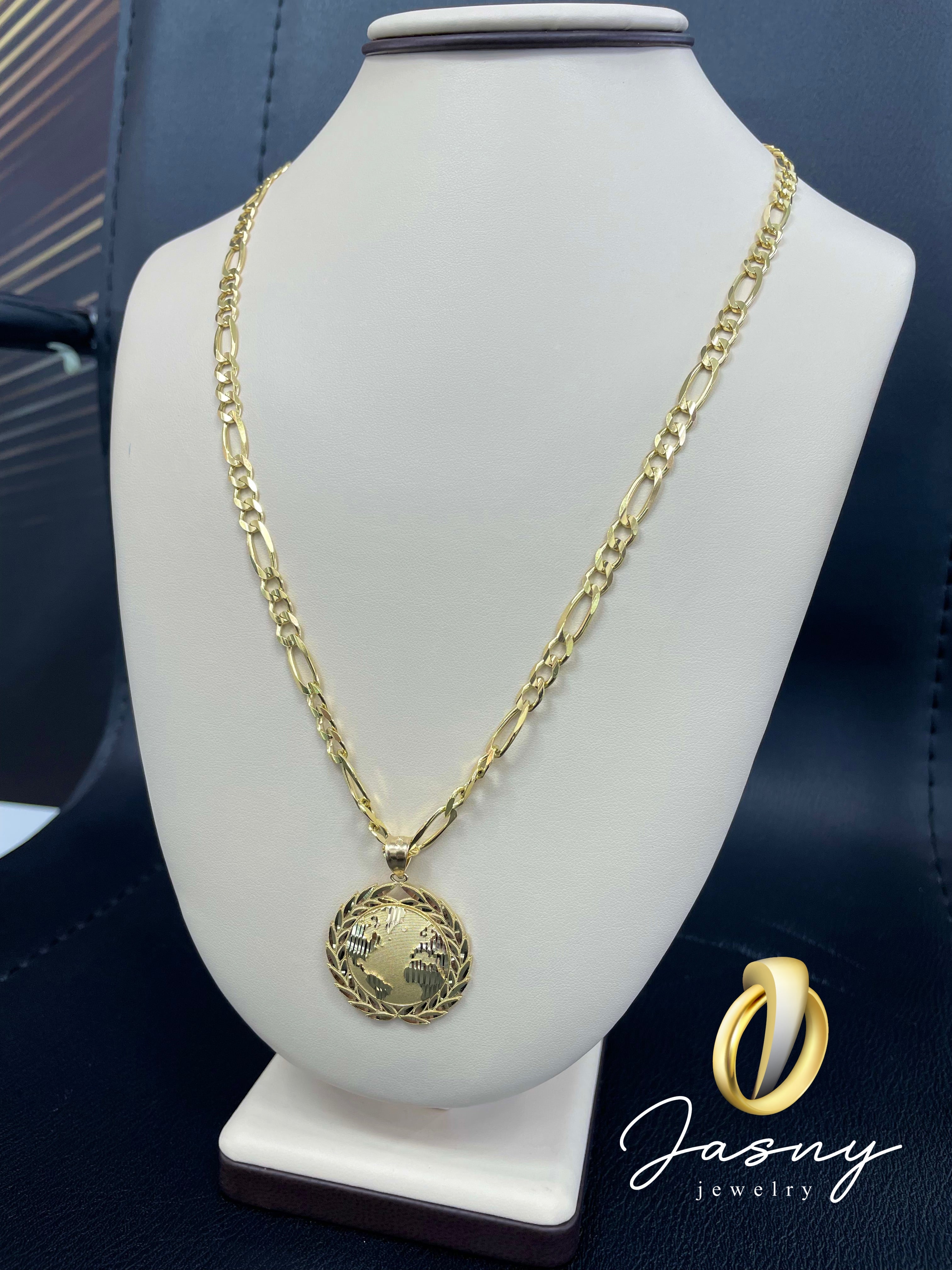 🇮🇹💎  CADENA FÍGARO Y MEDALLA MUNDO ORO 10K