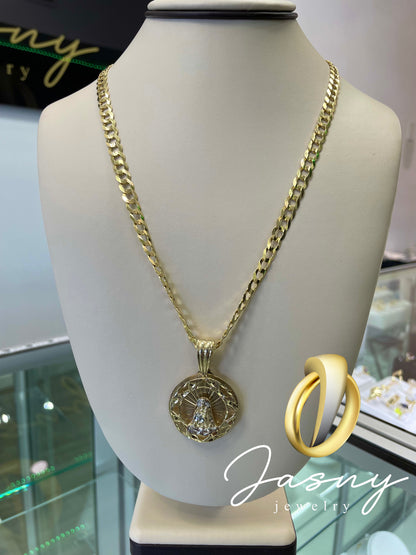 Set medal virgin and chain Cuban link gold 14k
